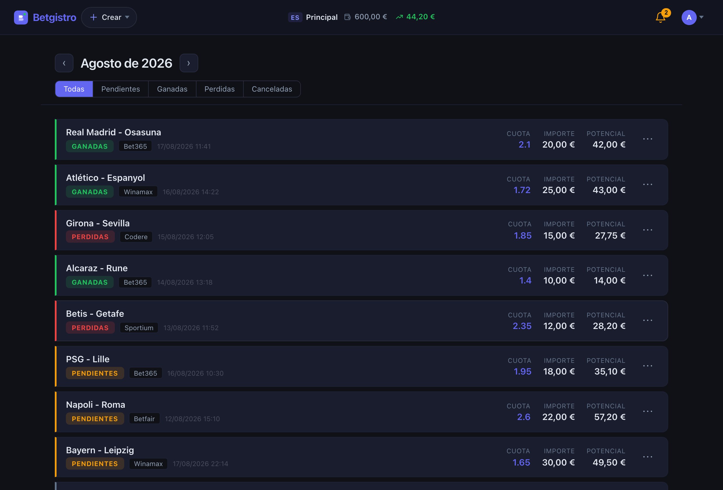 Listado de apuestas registradas en Betgistro.